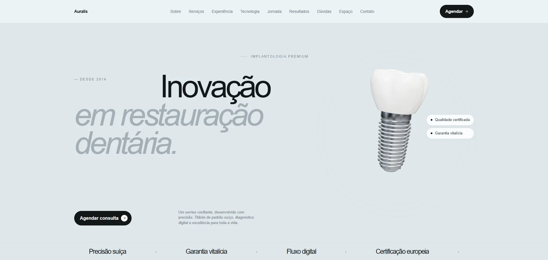 Página completa do projeto-conceito Auralis para uma clínica de implantodontia premium