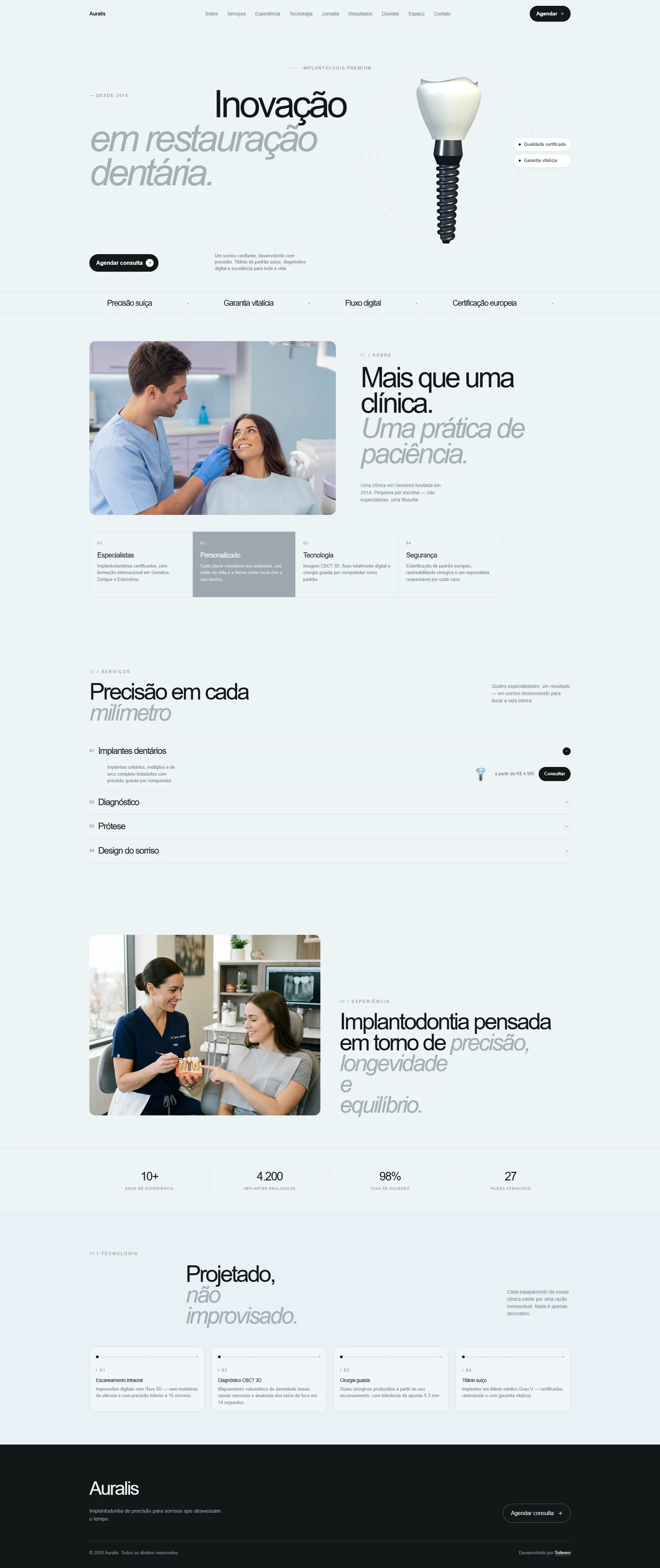 Página completa do projeto-conceito Auralis para uma clínica de implantodontia premium